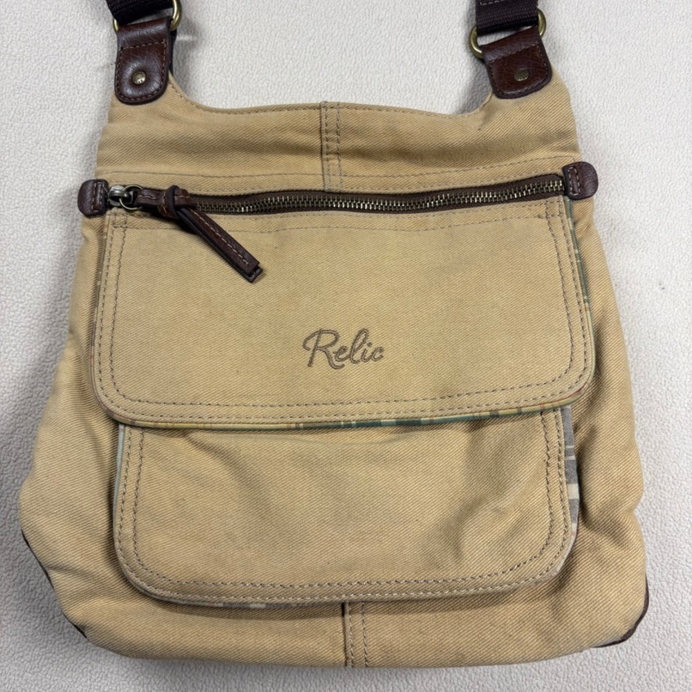 Relic Womens Tan Canvas Crossbody Bag‎ Brown Faux Leather Trim Plaid Accents